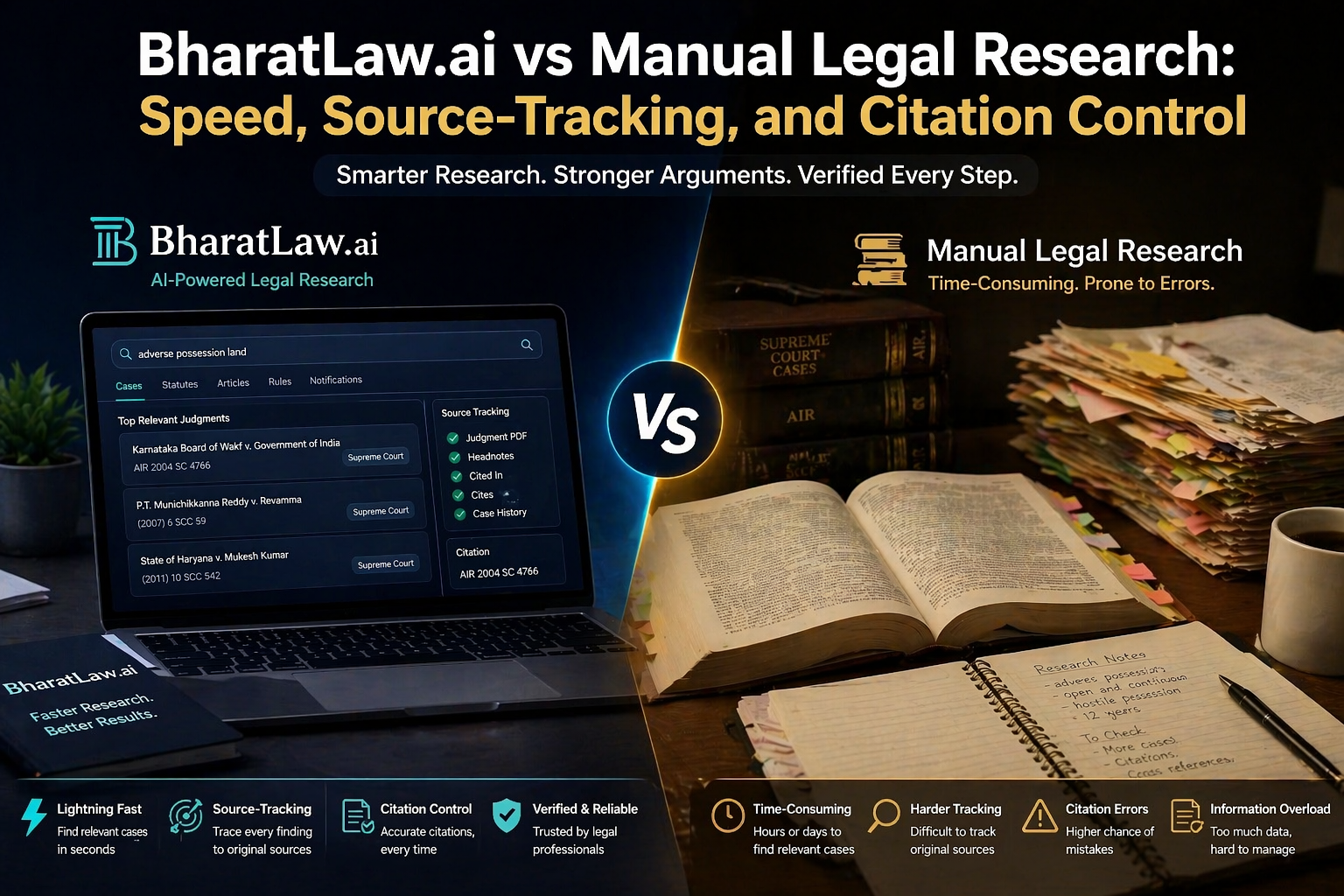 BharatLaw.ai vs Manual Legal Research: Speed, Source-Tracking, and Citation Control